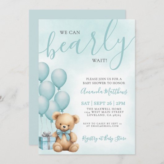 We Can Bearly Wait Blue Bear Baby Shower Einladung (Vorne/Hinten)
