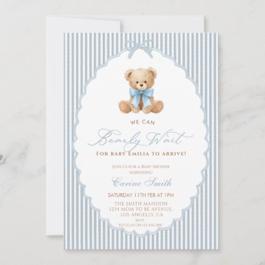 We Can Bearly Wait blue bow Boy Baby Shower Einladung (Vorderseite)