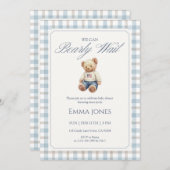 We Can Bearly Wait Blue Gingham baby shower Einladung (Vorne/Hinten)