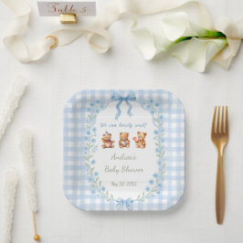 We Can Bearly Wait Blue Gingham Baby Shower  Pappteller