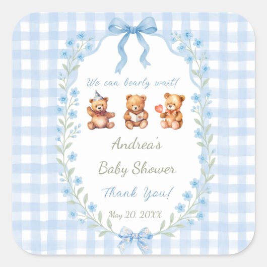 We Can Bearly Wait Blue Gingham Baby Shower Quadratischer Aufkleber (Vorderseite)