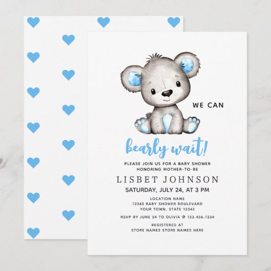 We Can Bearly Wait Blue Teddy Bear Baby Shower Einladung (Vorne/Hinten)
