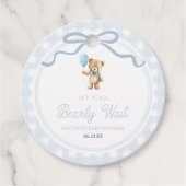 We Can Bearly Wait Blue Teddy Bear Baby Shower Geschenkanhänger (Vorderseite)