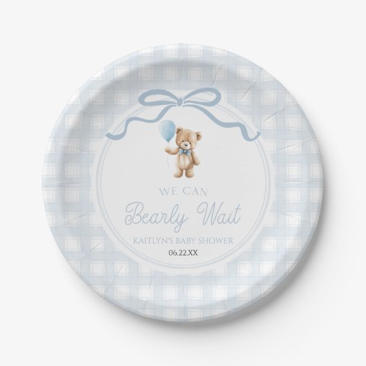 We Can Bearly Wait Blue Teddy Bear Baby Shower Pappteller (Vorderseite)