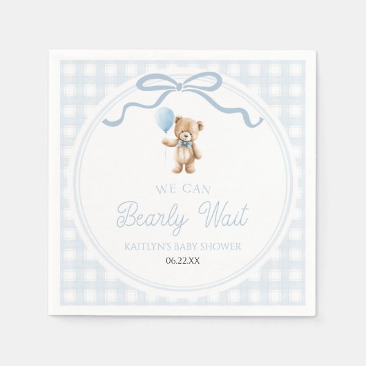 We Can Bearly Wait Blue Teddy Bear Baby Shower Serviette (Vorderseite)
