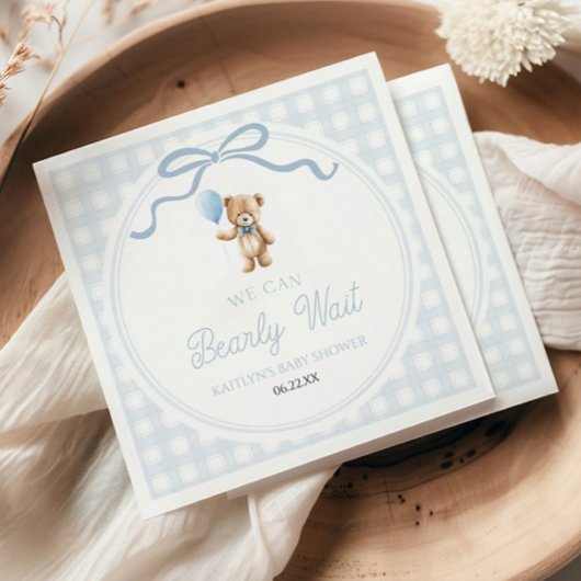 We Can Bearly Wait Blue Teddy Bear Baby Shower Serviette