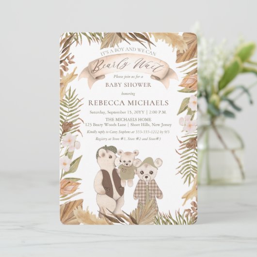 We Can Bearly Wait Boho Bear Family Baby Shower Einladung (Stehend Vorderseite)