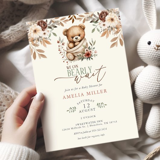 We Can Bearly Wait Boho Floral Baby Shower Einladung