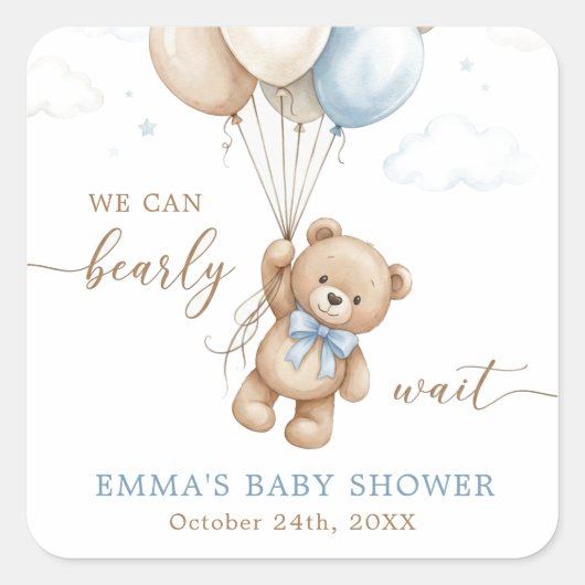 We Can Bearly Wait Boy Baby Shower Custom Quadratischer Aufkleber (Vorderseite)