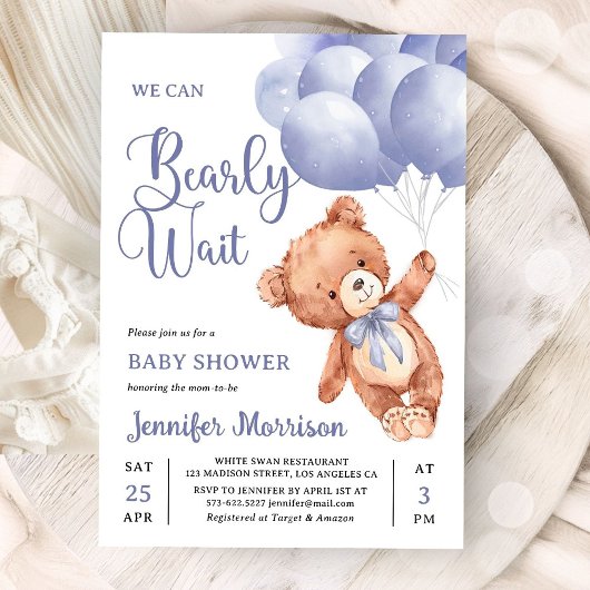 We Can Bearly Wait Boy Blue Teddy Bear Baby Shower Einladung