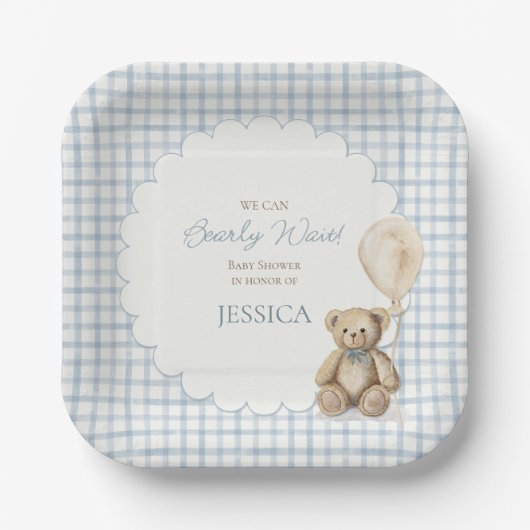 We Can Bearly Wait Boy Teddy Bear Baby Shower Pappteller (Vorderseite)