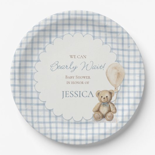 We Can Bearly Wait Boy Teddy Bear Baby Shower Pappteller (Vorderseite)