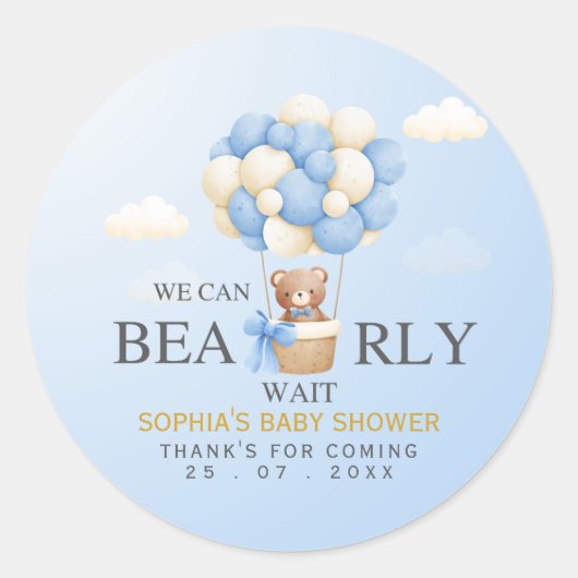 We can Bearly Wait Cute Bear Baby Shower Boy Runder Aufkleber (Vorderseite)