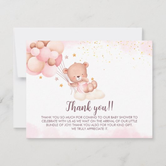We Can Bearly Wait Cute Bear Girl Baby Shower Dankeskarte (Vorderseite)