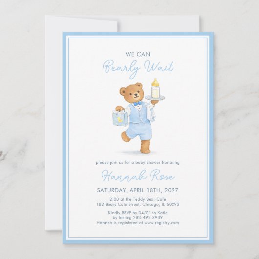 We Can Bearly Wait Cute Blue Boy Teddy Baby Shower Einladung (Vorderseite)