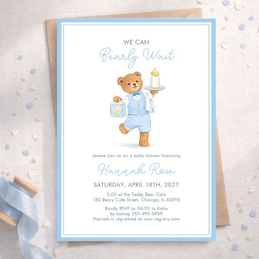 We Can Bearly Wait Cute Blue Boy Teddy Baby Shower Einladung