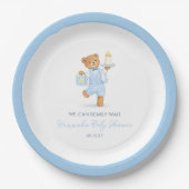 We Can Bearly Wait Cute Blue Boy Teddy Baby Shower Pappteller (Vorderseite)