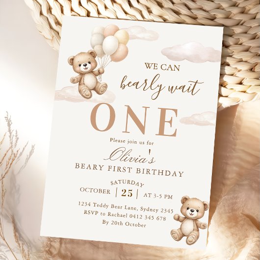 We Can Bearly Wait Elegant Teddy Birthday Einladung