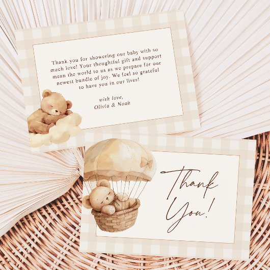 We Can Bearly Wait Gingham Teddy Bear Baby Shower Dankeskarte