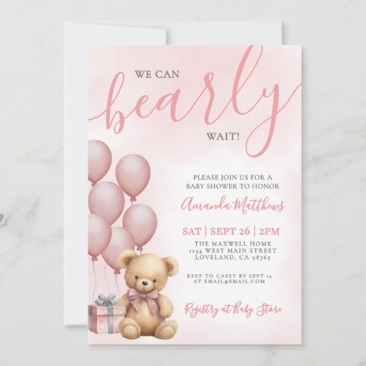We Can Bearly Wait Girl Pink Bear Baby Shower Einladung (Vorderseite)