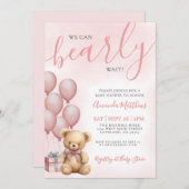 We Can Bearly Wait Girl Pink Bear Baby Shower Einladung (Vorne/Hinten)