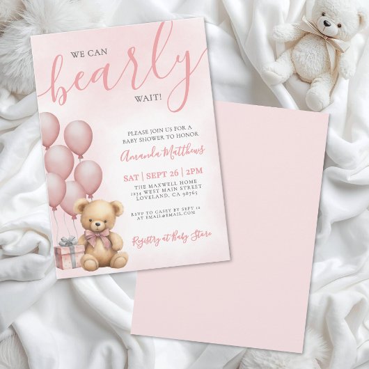 We Can Bearly Wait Girl Pink Bear Baby Shower Einladung