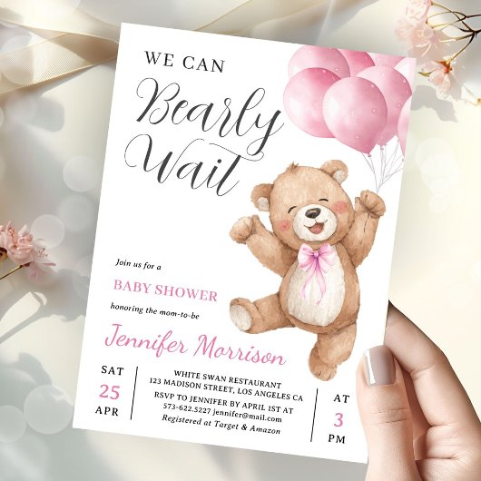 We Can Bearly Wait Girl Teddy Bear Baby Shower Einladung