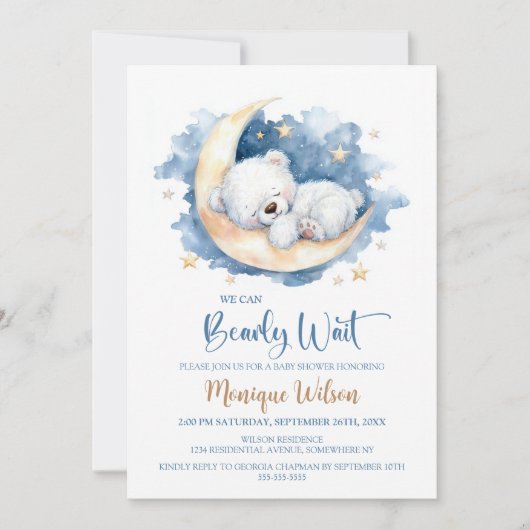 We Can Bearly Wait Moon Teddy Bear Baby Shower Einladung (Vorderseite)