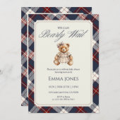 We Can Bearly Wait Navy Plaid Bear Baby Shower Einladung (Vorne/Hinten)