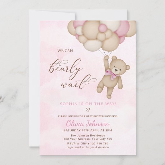 We Can Bearly Wait Pink Baby Shower Einladung (Vorderseite)