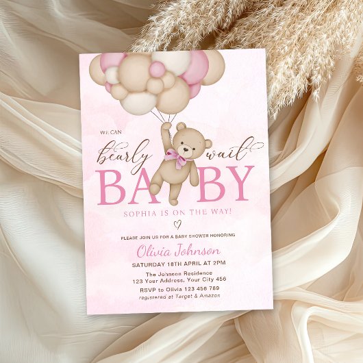 We Can Bearly Wait Pink Baby Shower Einladung