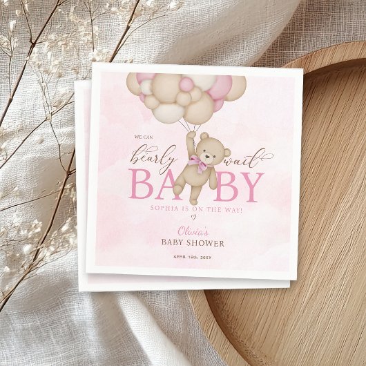 We Can Bearly Wait Pink Baby Shower Serviette