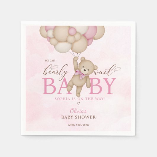 We Can Bearly Wait Pink Baby Shower Serviette (Vorderseite)