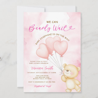 We can bearly wait pink balloon girl baby shower einladung