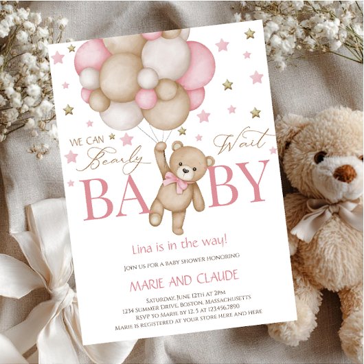We can Bearly Wait Pink&beige Balloons baby shower Einladung