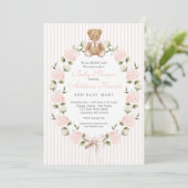 We can bearly wait pink bow Girl Baby Shower Einladung (Stehend Vorderseite)