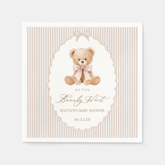 We Can Bearly Wait pink bow girl Baby Shower Serviette (Vorderseite)