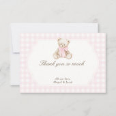 We Can Bearly Wait Pink Gingham Teddy Bear Baby Dankeskarte (Vorderseite)