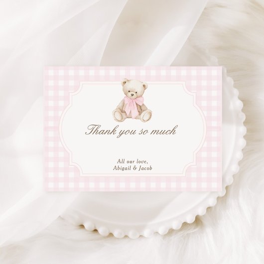We Can Bearly Wait Pink Gingham Teddy Bear Baby Dankeskarte