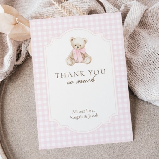 We Can Bearly Wait Pink Gingham Teddy Bear Baby Dankeskarte