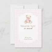 We Can Bearly Wait Pink Gingham Teddy Bear Baby Dankeskarte (Vorderseite)
