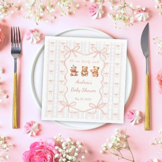 We Can Bearly Wait Pink Lace Ribbon Baby Shower Serviette
