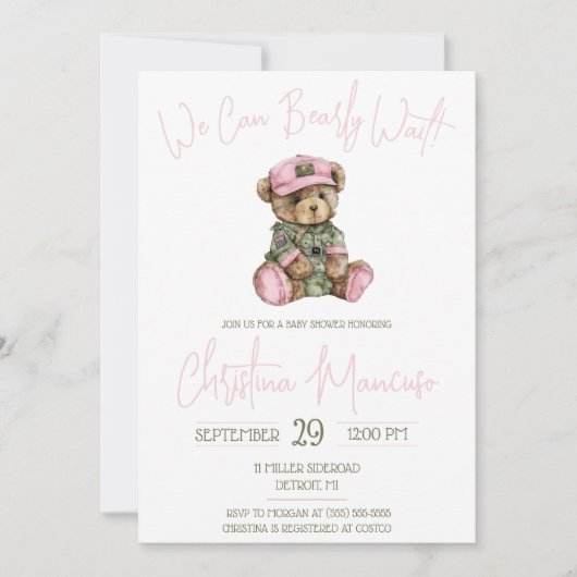 We Can Bearly Wait! Pink Military Bear Baby Shower Einladung (Vorderseite)
