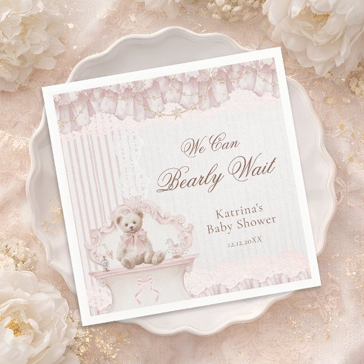 We Can Bearly Wait Pink Nursery Girl Baby Shower Serviette