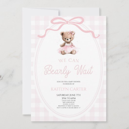 We Can Bearly Wait Pink Teddy Bear Baby Shower Einladung (Vorderseite)