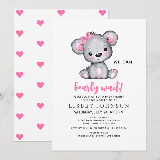 We Can Bearly Wait Pink Teddy Bear Baby Shower Einladung (Vorne/Hinten)
