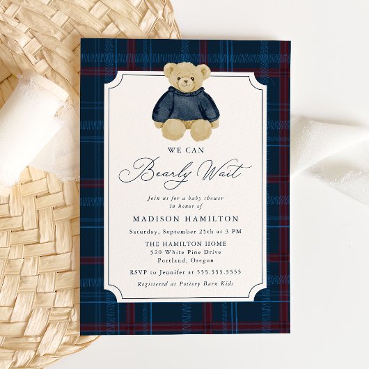 We Can Bearly Wait Plaid Teddy Bear Baby Shower Einladung