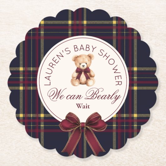 We can bearly wait Plaid teddy bear Baby Shower Untersetzer (Vorderseite)