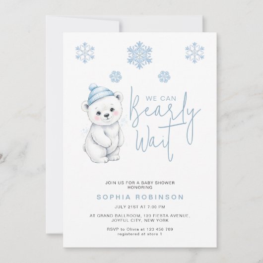 We Can Bearly Wait Polar Bear Winter Baby Shower Einladung (Vorderseite)