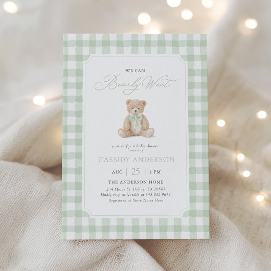 We Can Bearly Wait Sage Teddy Bear Baby Shower Einladung